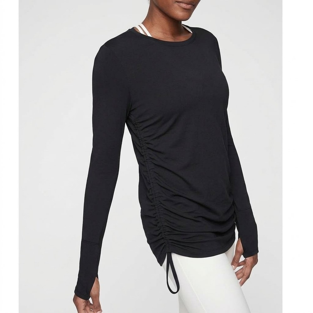Athleta Drishti Ruched Sweatshirt Tunic Black M Tencel Relaxed Athleisure Yoga